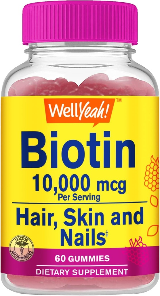 WellSi High Potency Biotin 10,000 mcg Gummies - for Stronger Hair, Skin & Nails - Vegan-Friendly, Gluten-Free, Non-GMO, and Delicious Berry Flavor - 60 Gummies