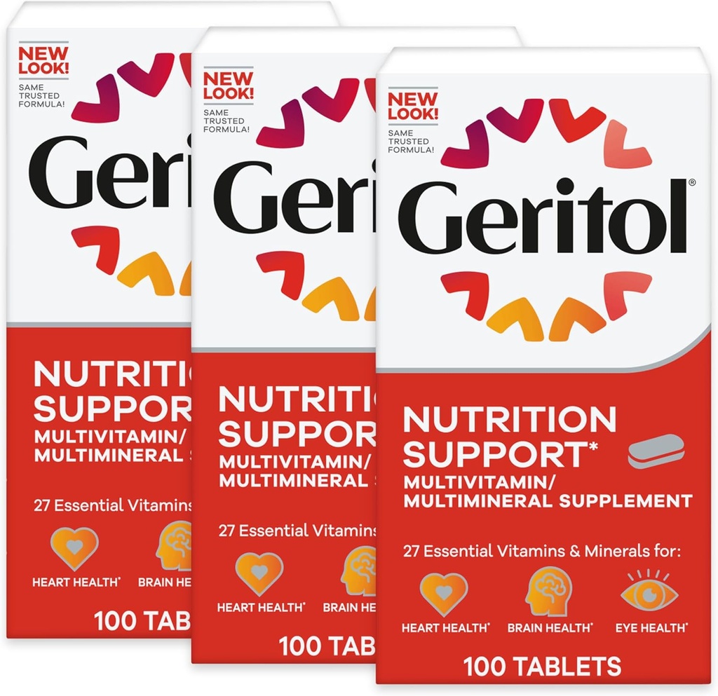 Geritol, Suplemento Multivitamínico, Contiene B-Vitaminas, Antioxidantes, Vitaminas C, E &amp; D e Hierro, 27 Vitaminas y Minerales Esenciales, Sin gluten, No OGM, Sin Dulces Artificiales, 100 Tabletas, 3 Pack