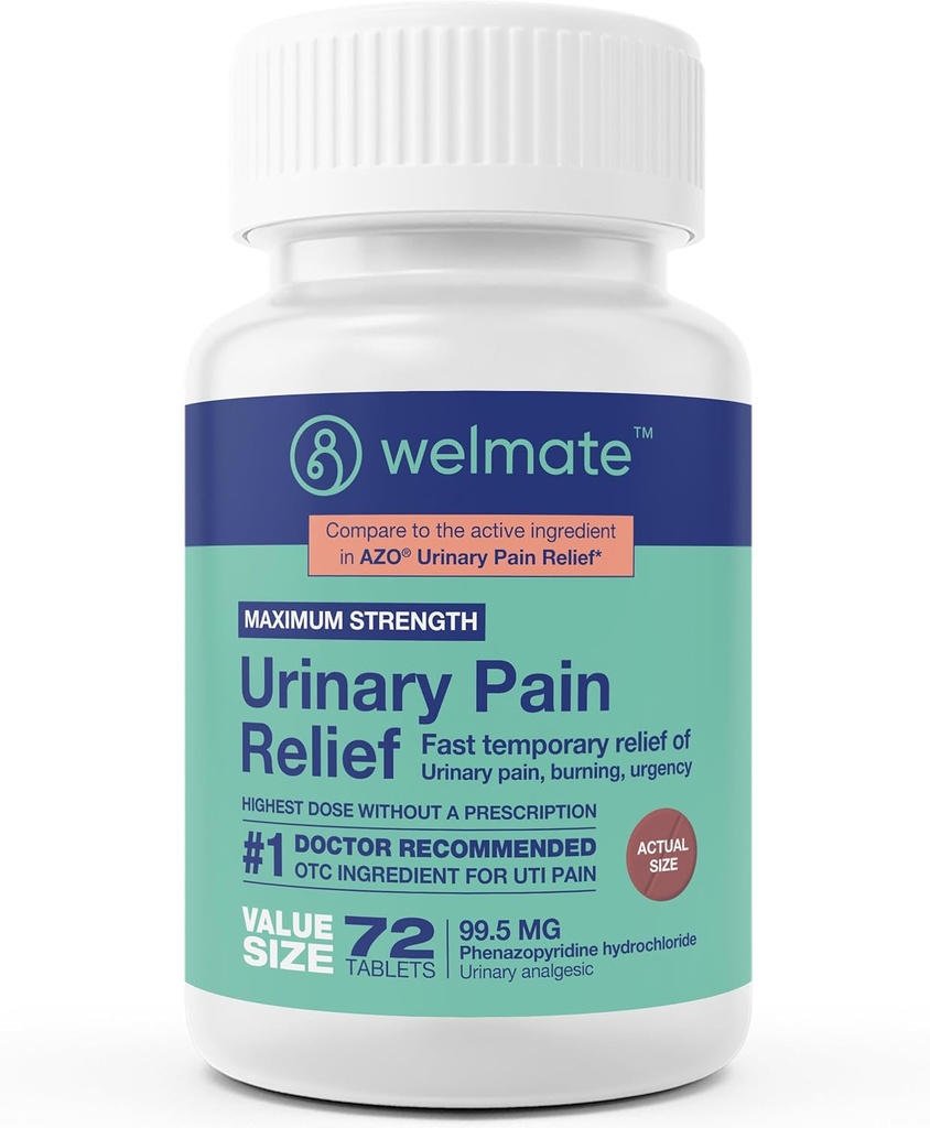 WELMATE - Alivio del dolor urinario (72 Tabletas) - Phenazopyridine Hydrochloride 99.5mg - Dolor urinario, Urgencia, &amp; Descomfort - Maximum Strength - Medication over-The-Counter