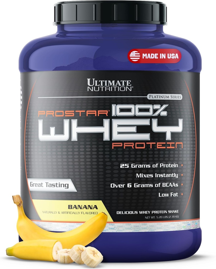 Ultimate Nutrition Prostar Whey Protein Powder Isolate, Banana - Low Carb, High Protein Powder Shake for Muscle Gain & Recuperación - Bajo Sodium, Low-Fat & Keto Friendly - 5.28 lbs Tubs