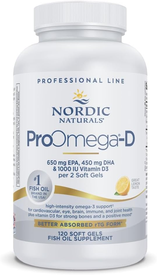 Naturales nórdicos ProOmega-D, Sabor de limón - 120 Gels blandos - 1280 mg Omega-3 + 1000 UI D3 - Aceite de pescado de alta potencia - EPA & DHA - Cerebro, Ojo, Corazón, &amp; Salud Inmune - No GMO - 60 Servimientos