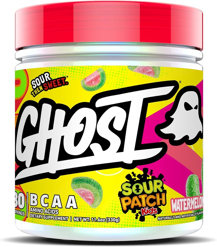 GHOST BCAA Powder Amino Amino Acids Suplemento, Sour Patch Kids Watermelon - 30 Servings - Sugar-Free Intra, Post " Pre Workout Amino Powder " Recovery Drink, 7G BCAA