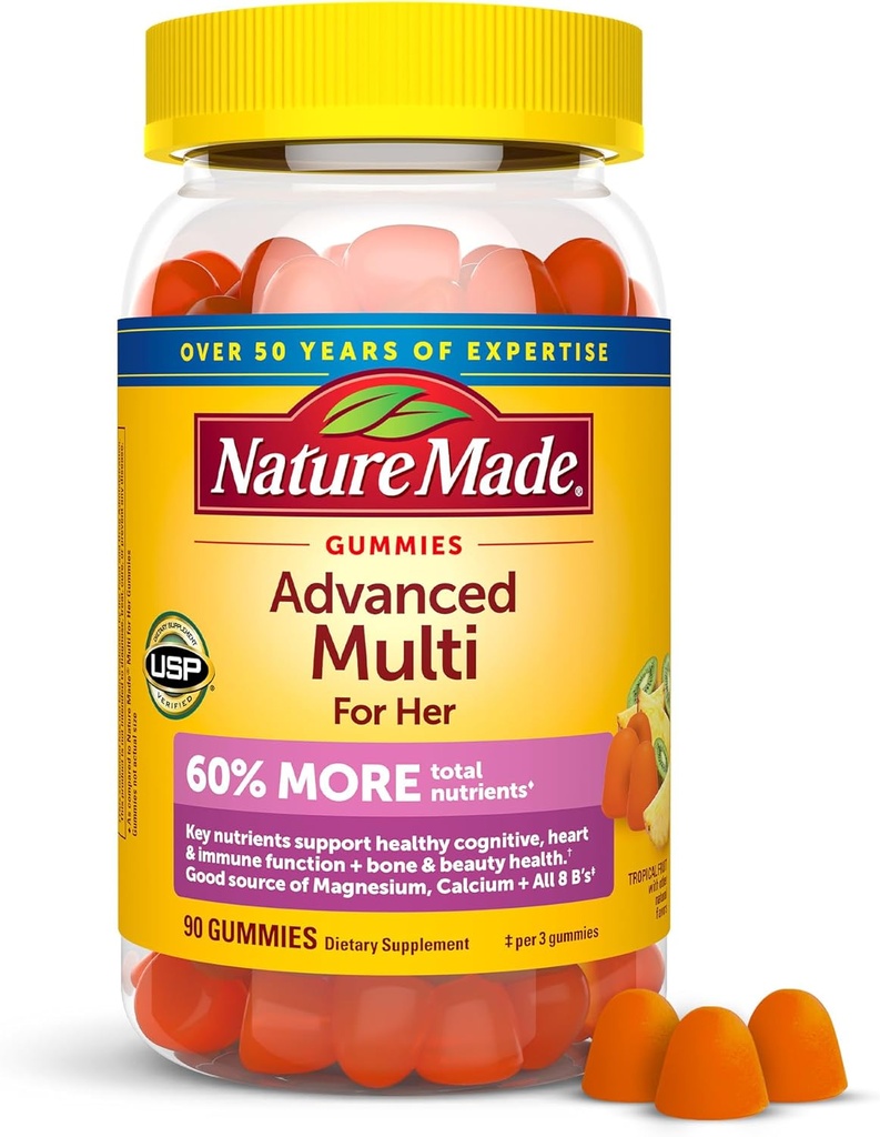 Nature Made Advanced Womens Gummy Multivitamins with Magnesium Citrate, Calcium, B Vitaminas, Multivitamin Gummies for Women, 90 Multi Vitamin Gummies, 30 Day Supply