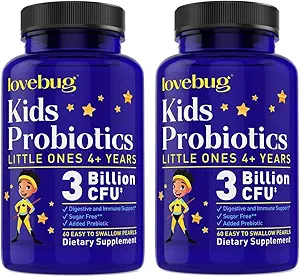Probióticos LOVEBUG para niños - Achicos probióticos con prebióticos para niños mayores de 4 años, Salud diaria de los niños, estreñimiento, suplemento de apoyo digestivo e inmunitario, sin azúcar, 120 perlas blandas