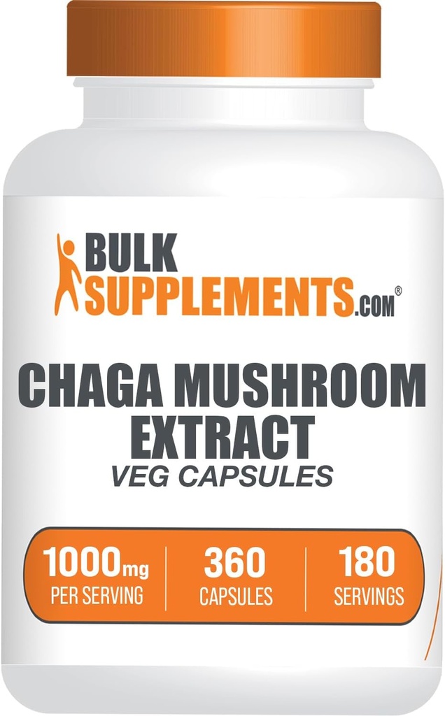 BulkSupplements.com Chaga Mushroom Extract Capsules - Chaga Extract, Chaga Mushrooms - Vegan & Gluten Free, 2 cápsulas por Serving (1000mg), 360 Conde (Pack of 1)