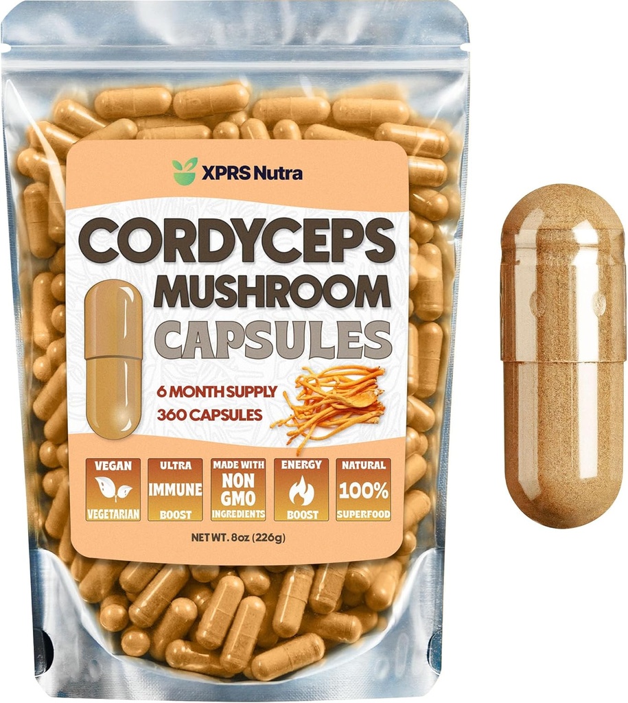 XPRS Nutra Cordyceps Mushroom Powder Capsules - 360 Conteo (180 Day Supply) - Nuestros Cordyceps Premium Capsules Mushroom Contain Real Mushrooms (Cordyceps Sinensis) para soportar resistencia y rendimiento