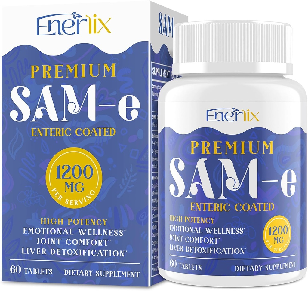 1200 MG SAM e Supplement for Brain, Mood, Joint, and Liver, High Absorption SAM-e (S-Adenosyl-L-Methionine) con CoQ10, 5-HTP, Enteric Coated 60 Tablets, Vegan