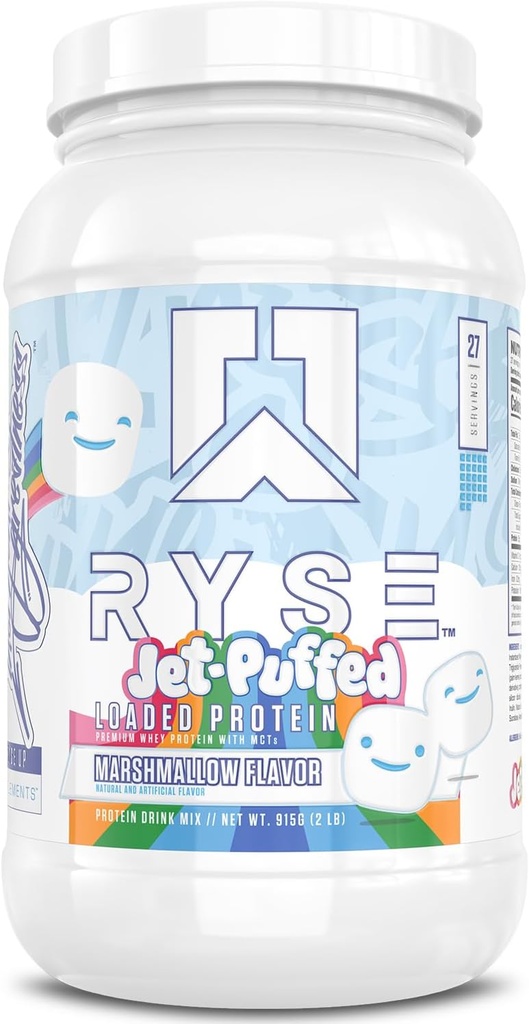 Pólvora Proteína cargada RYSE - Jet-Puffed Marshmallow - 25g Whey Protein Isolate " Concentrate with Prebiotic Fiber " MCTs - Low Carb, Low Sugar, Digestive-Friendly - 27 Servings / 2 lb Tub