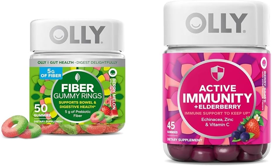 OLLY Fiber Gummy Rings 50ct & Active Immunity+Elderberry Gummies 45ct Berry Flavors Digestive & Immune Support