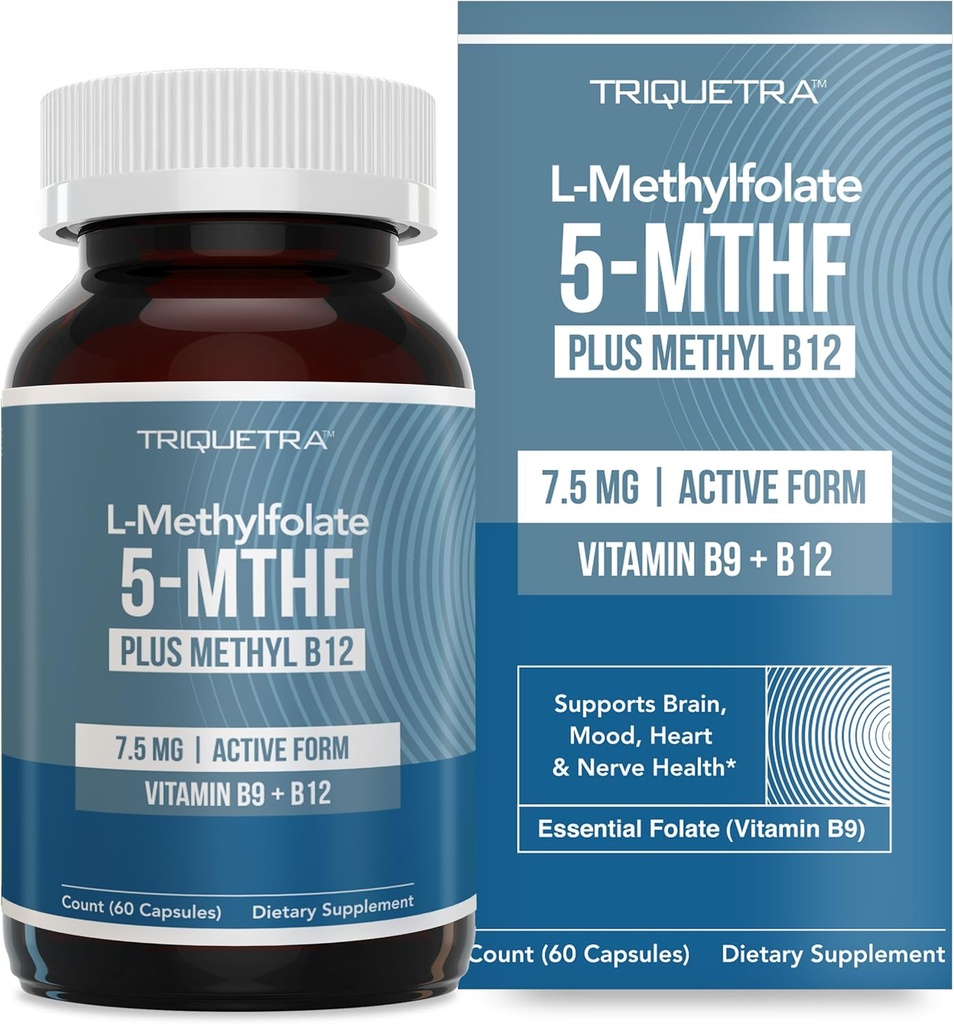 L Methylfolate 7.5mg plus Methyl B12 - Active 5-MTHF Form, MTHFR Supplement - Bloodstream Ready Methylated Folate + B12 Cofactor - Supports Mood, Homocysteine Methylation, Cognition (60 cápsulas)