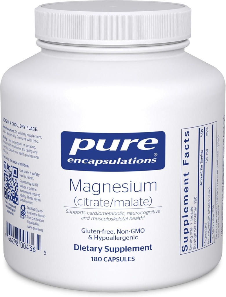 Encapsulaciones puras Magnesio (Citrate/Malate) - Suplemento Magnesio para apoyar la utilización de nutrientes, energía, huesos y salud cardíaca* - con Citrato de magnesio " Malate - 180 cápsulas