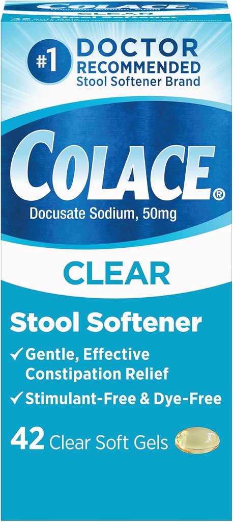 Colace Softener de taburete transparente para el alivio eficaz del estreñimiento suave, #1 Doctor Recomendado de alcohol de la marca de suavizador, Dye Gratis, 50 mg Docusate Capsules, 42 Conde
