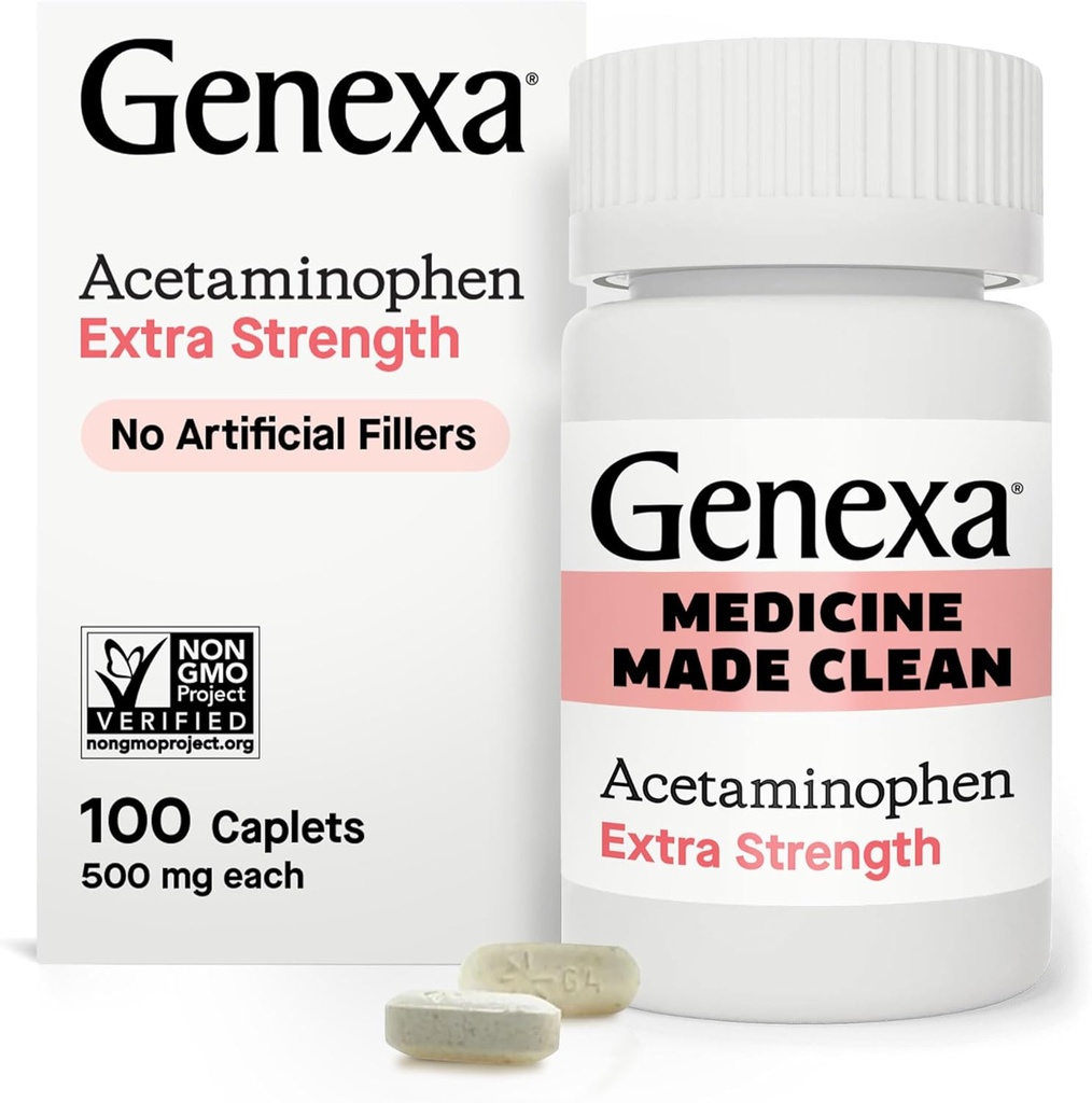 Genexa Clean Acetaminophen 500mg Extra Strength, Dye Free Pain Reliever Fever Reducer, 0% Artificial Additives, Dolor de dolor para adultos, Aliviado, Dolor de espalda, Dolor de artritis menor, 100 Tablets