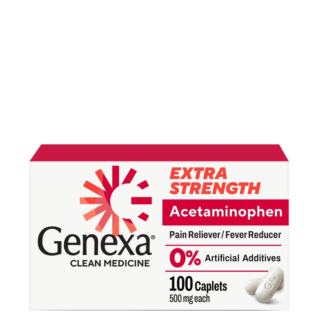 Genexa Clean Acetaminophen 500mg Extra Strength, Dye Free Pain Reliever Fever Reducer, 0% Artificial Additives, Dolor de dolor para adultos, Aliviado, Dolor de espalda, Dolor de artritis menor, 100 Tablets