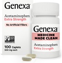 Genexa Clean Acetaminophen 500mg Extra Strength, Dye Free Pain Reliever Fever Reducer, 0% Artificial Additives, Dolor de dolor para adultos, Aliviado, Dolor de espalda, Dolor de artritis menor, 100 Tablets