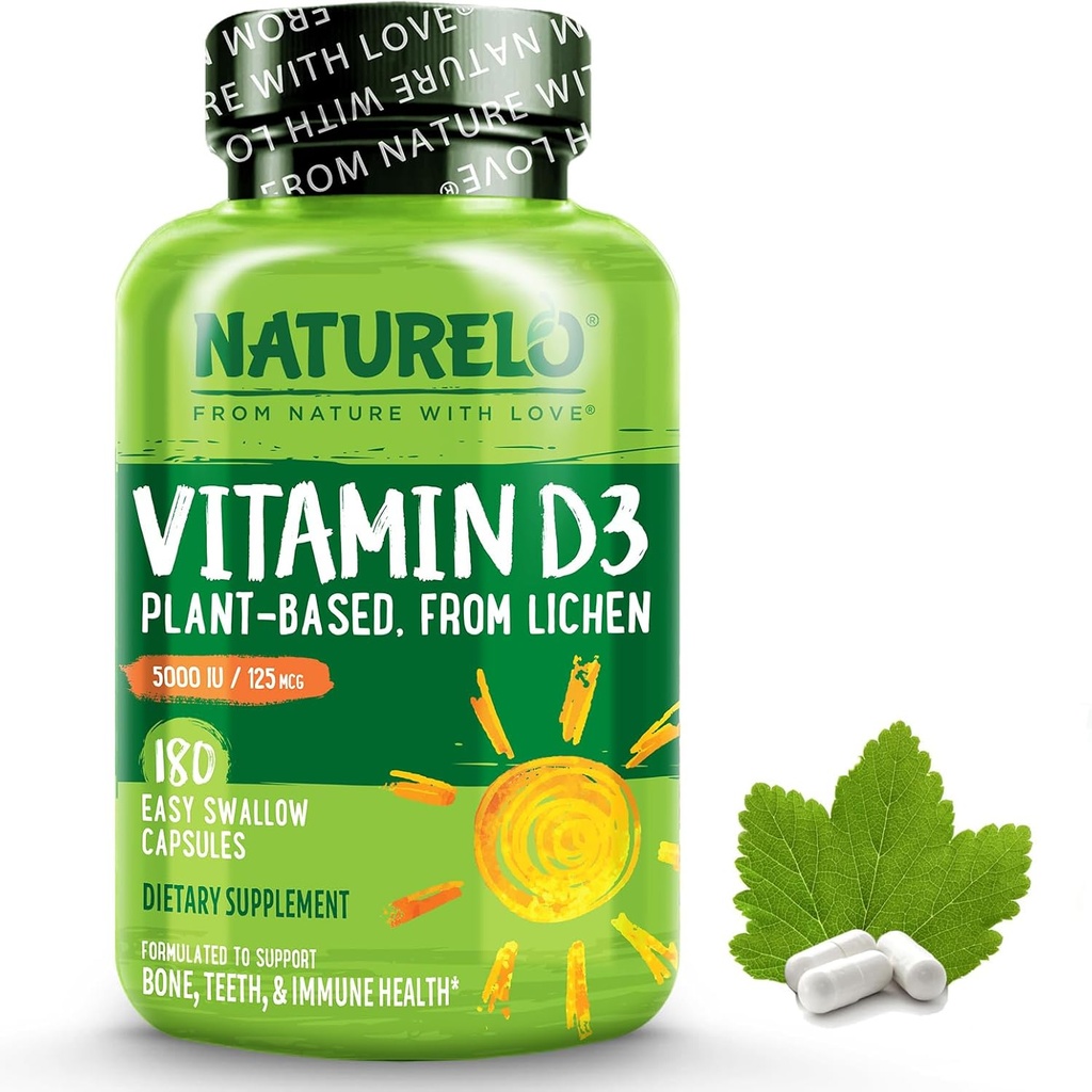 NATURELO Vitamina D - 5000 UI - Planta Basada en Lichen - Natural D3 Suplemento para Sistema Inmunitario, Soporte de Hueso, Salud Conjunta - Alta Potencia - Vegan - No GMO - Gluten Gratis - 180 cápsulas