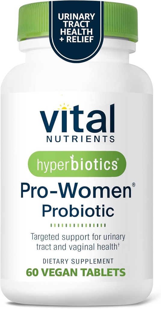 Hyperbiotics Vital Nutrients Pro Women Probiotics for Women ← Vaginal Probiotics for PH Balance TEN Oral Probiotic for Vaginal Health and Urinary Tract Health TEN 6 Targeted Strains Ø 60 Vegan Tablets