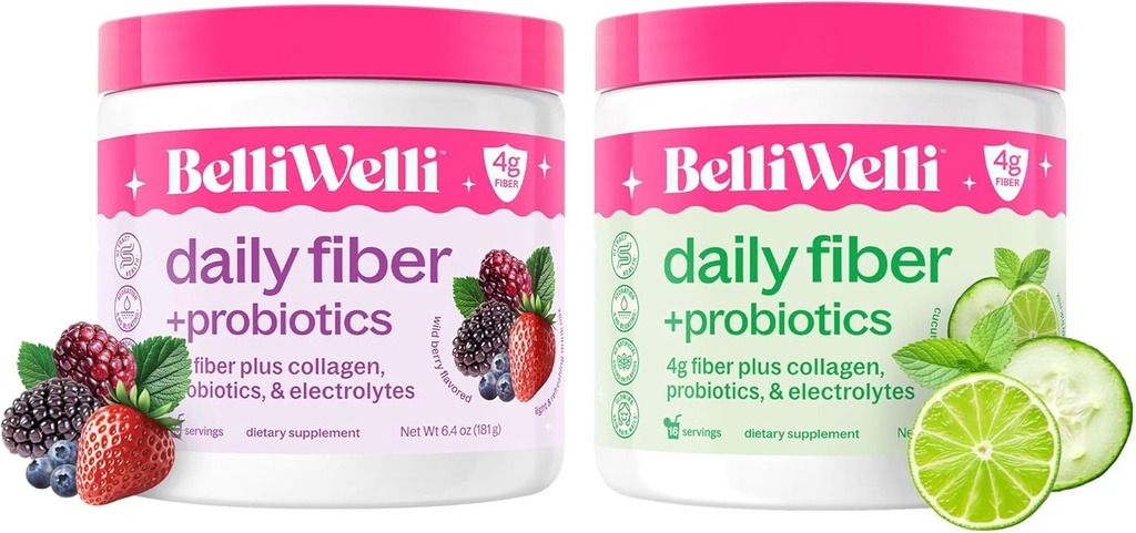 Suplemento diario de fibra de colágeno, probióticos " electrolitos - apoya la salud digestiva, la regularidad y la salud de la piel - Cucumber Lime Mint " Wild Berry Flavors - 32 servicios totales