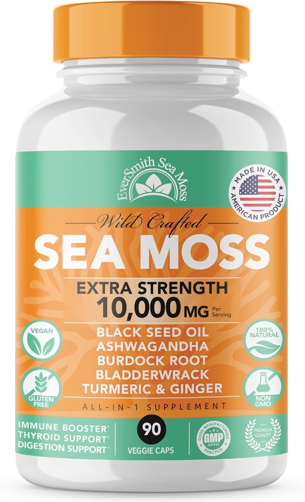Irish Sea Moss 3,500mg, Black Seed Oil 2,000mg, Bladderwrack 1000mg, Burdock Root ← Wildcrafted Irish Seamoss