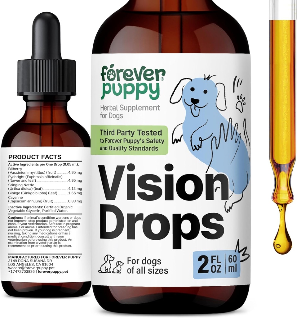 Forever Puppy Vision Supplements for Dogs - Eye Tincture w/Bilberry & Eyebright Herb - All Breeds & Size - Liquid Dog Food Supplements for Vision Support " Eye Clarity - Sugar " Alcohol-Free - 2 oz
