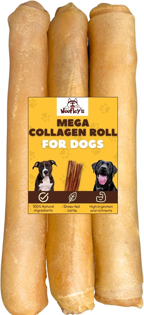 Woofley's Extra Thick Collagen Roll (10-12 Inch - 3 PCS) - Mandíbulas para perros - Pegatina Bully Stick Rawhide Alternativa Mandíbulas para perros medianos y grandes