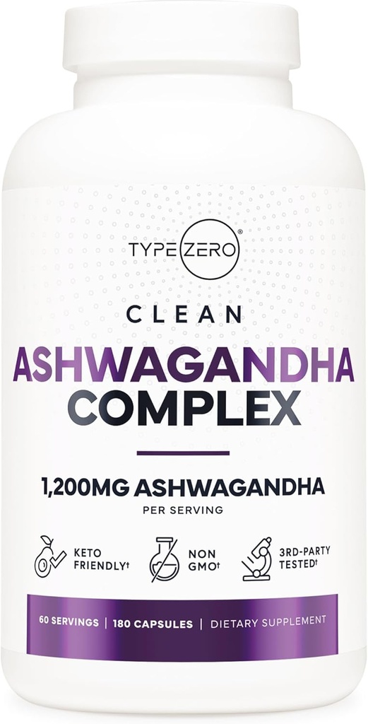 Tipo Zero KSM-66 Ashwagandha Root Extract 1,200mg, 60 Servings - High Potency 5% Withanolides - con Turmeric, Rhodiola Rosea y BioPerine Black Pepper Extract - 180 Veggie Caps