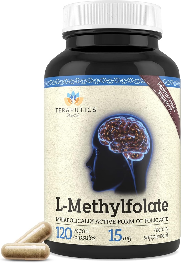 Teraputics L-Methylfolate 15mg ← 120 Vegan Capsules ← Premium 5-MTHF Active Methyl Folate Supplement for Mood Homocysteine Methylation – Non-GMO Gluten-Free, No Fillers - Folic Acid Brain Support