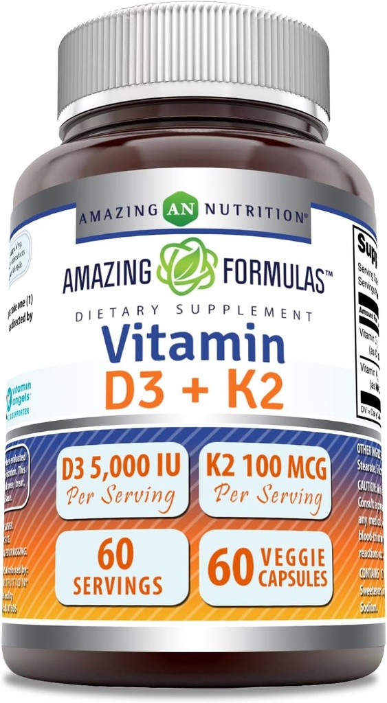 Fórmulas asombrosas Vitamina D3 5000 UI con Vitamina K2 100 mcg Silencio D3 + K2 Complejo Suplemento Silencio Veggie Capsules ← Non-GMO TEN Gluten Free ← Made in USA (60 Cuenta)