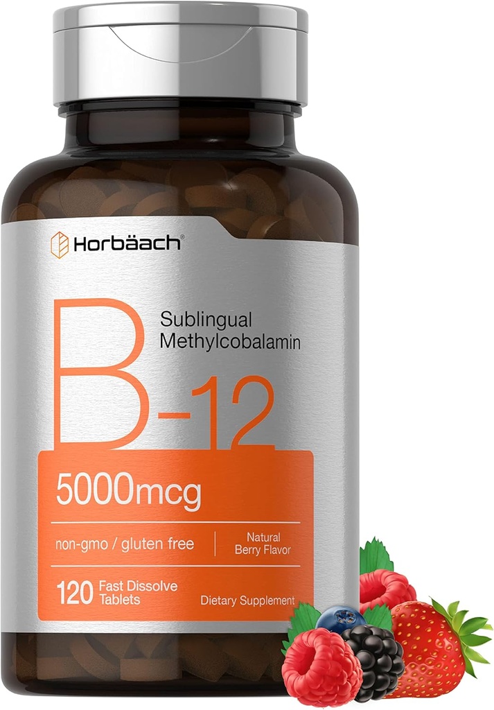 Horbäach B12 Vitamina 5000 mcg tención 120 Fast Dissolve Tablets  Metilcobalamin sublingual ANTE Vegetarian, Non-GMO &amp; Gluten Free Supplement