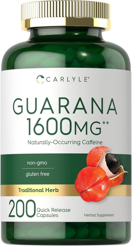 Carlyle Guarana Extracto Cápsulas Silencio 1600mg Silencio 200 Conde Silencio Naturalmente Occurring Caffeine Suplemento No GMO, Gluten Free