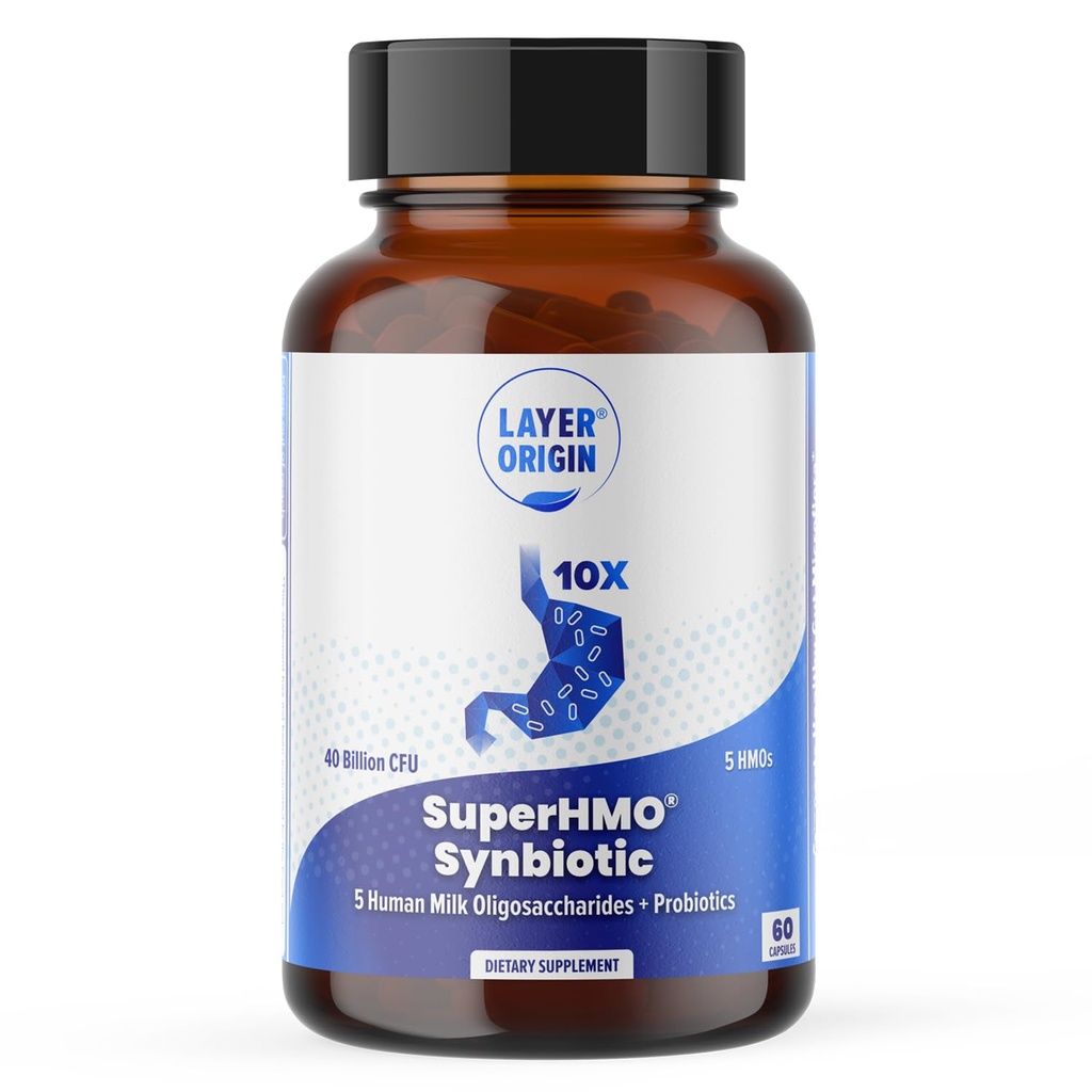 SuperhMO de origen de capas: cápsulas sinbióticas con 5 prebióticos de HMO &amp; 40 billones de probióticos de CFU, 60 cuenta
