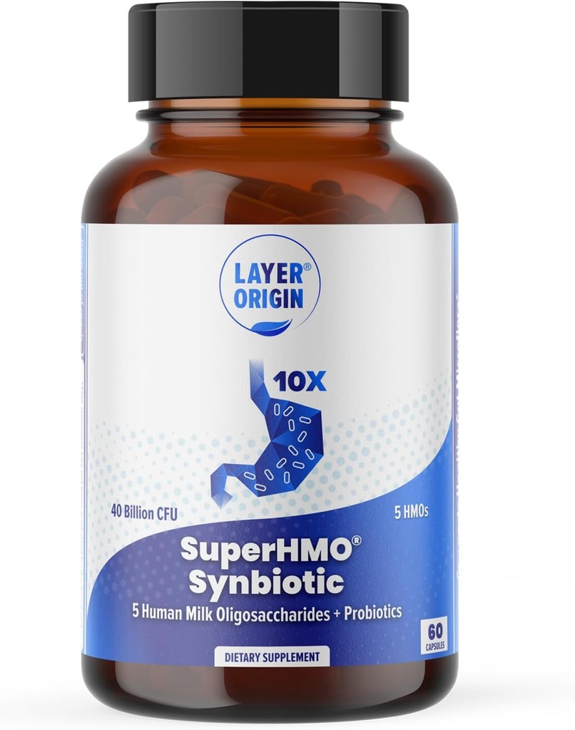SuperhMO de origen de capas: cápsulas sinbióticas con 5 prebióticos de HMO &amp; 40 billones de probióticos de CFU, 60 cuenta