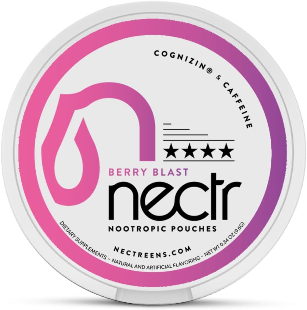 Nectr Energy Nootropic Pouches – Berry Blast Flavored, Caffeine Pouches with Cognizin® Citicoline. Treats cerebrales libres de azúcar. Smooth, Sustained Focus & Energy Supplement - 1 Puck of 16pcs