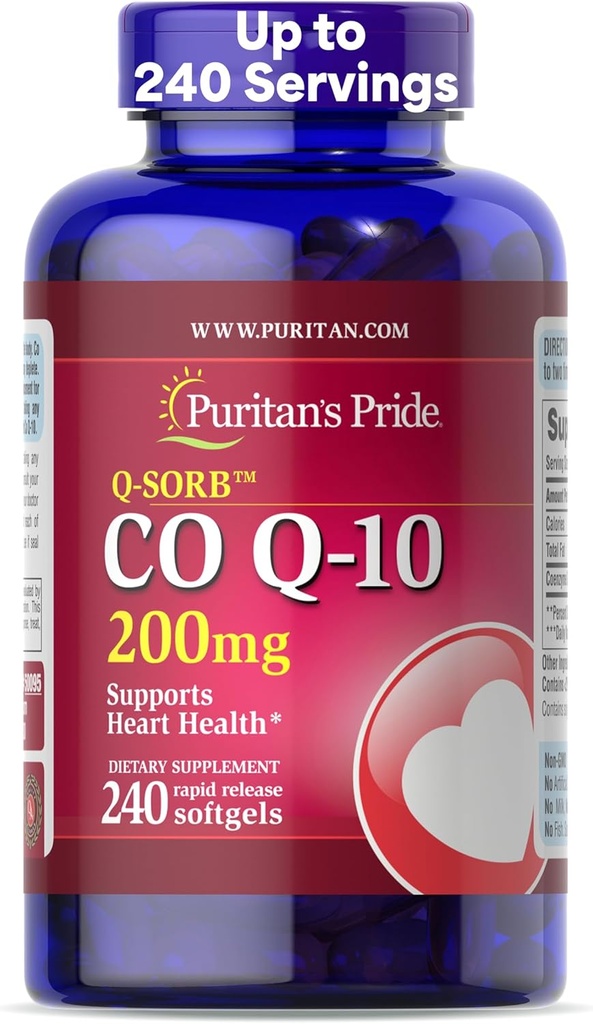Coenzima del orgullo de Puritan CoQ10 200mg, Suplemento dietético para la salud del corazón, presión arterial, salud del Gum oral y apoyo al envejecimiento saludable, 240 servicios, liberación rápida Softgels