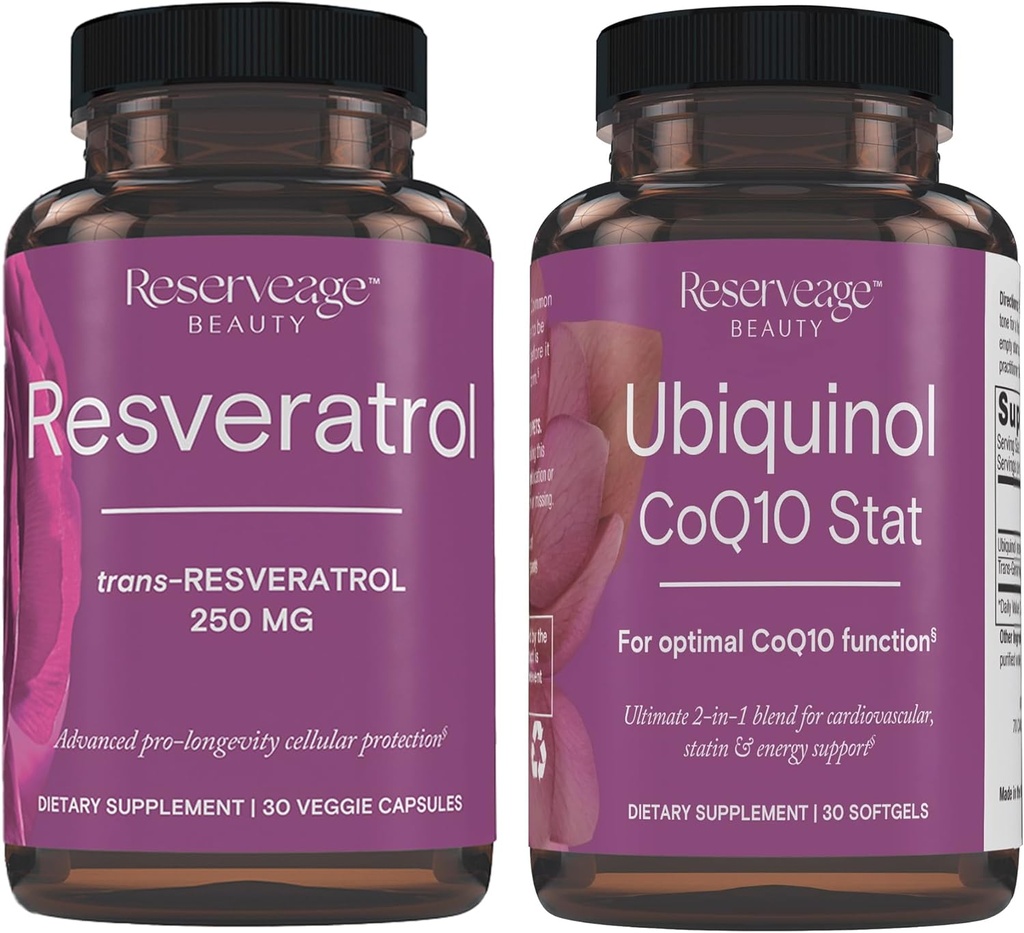 Belleza de reserva, Resveratrol 250 mg, Suplemento antioxidante para la salud cardíaca y celular 30 caps " Ubiquinol CoQ10 Stat - Apoyo para el sistema cardiovascular, niveles de energía " salud celular - 30