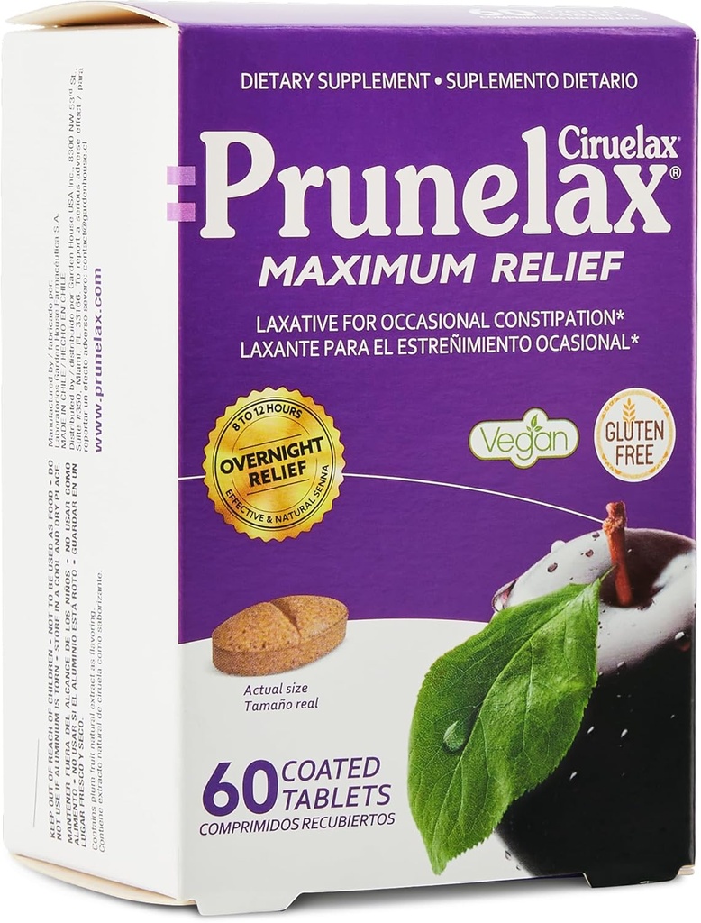 Prunelax Ciruelax Maximum Relief Laxative Tablets with Natural Senna for Occasional Constipation, Senna Extract, Vegan & Gluten-Free, Gentle Overnight Relief - 60ct