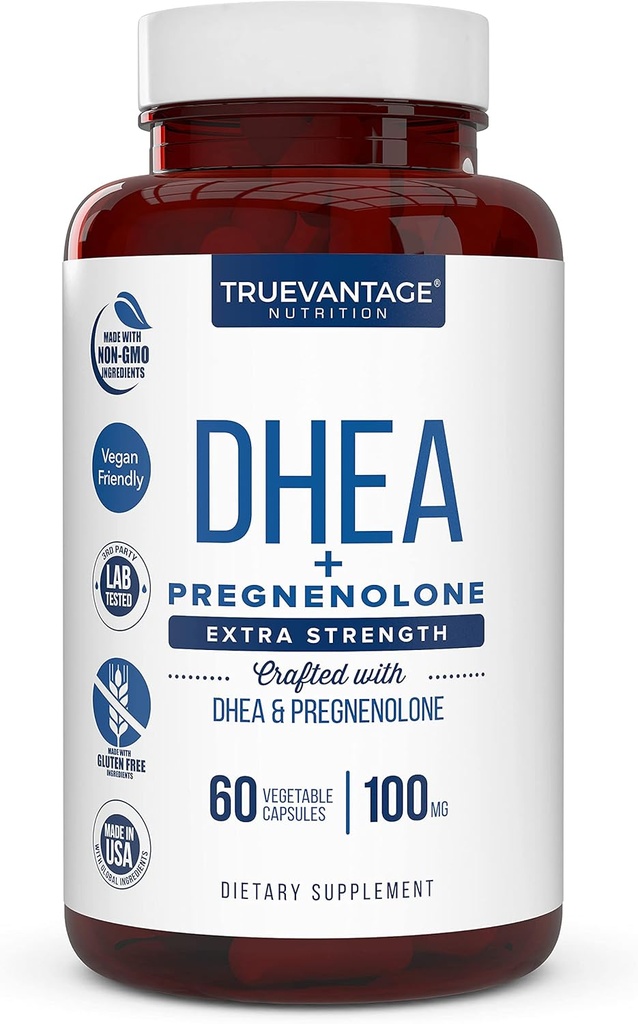 DHEA 100mg Suplemento con Pregnenolone 60mg -Apoyos Equilibrio hormonal, Lean Muscle Mass, Energy, Mood, Sleep y Envejecimiento saludable en hombres y mujeres- cápsulas vegetales