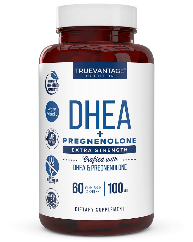 DHEA 100mg Suplemento con Pregnenolone 60mg -Apoyos Equilibrio hormonal, Lean Muscle Mass, Energy, Mood, Sleep y Envejecimiento saludable en hombres y mujeres- cápsulas vegetales