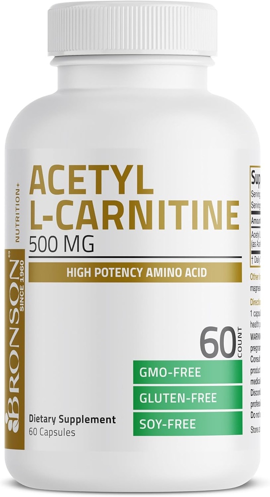 Bronson Acetyl L-Carnitine 500 MG High Potency Amino Acid Non-GMO, 60 cápsulas