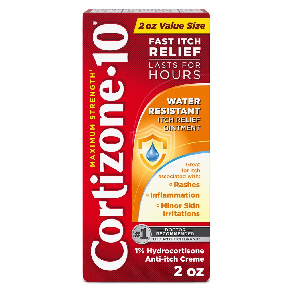 Cortizone-10 Intensificación máxima del agua de fuerza Intensiva Intensificación del agua, 1% Hidrocortisona, Acción rápida, Crema Anti-Itch para Bites, Rash, Eczema, Psoriasis, Poison Ivy, Oak, Sumac &amp; More, 2 oz