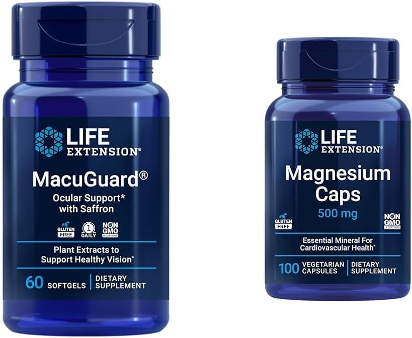 Extensión de la vida MacuGuard Eye Health Supplement with Magnesium Capsules 500mg - Lutein, Zeaxanthin, Meso-zeaxanthin y Saffron for Healthy Vision - 60 Softgels y 100 cápsulas vegetarianas
