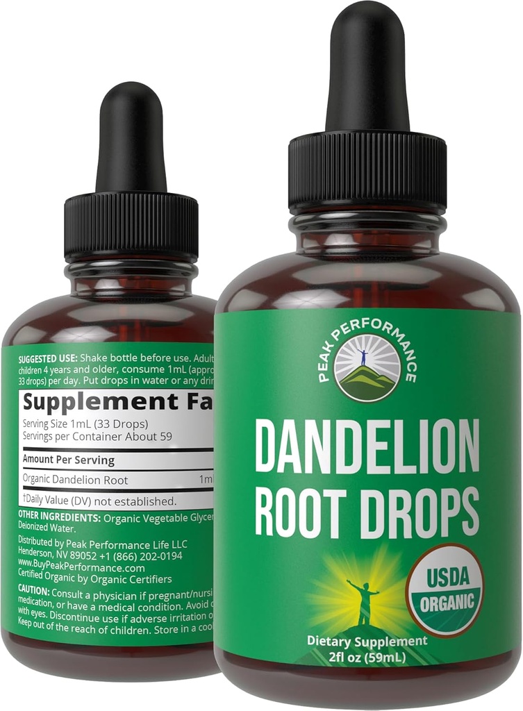 Dandelion Root Extract. USDA Organic Vegan Herbal Liquid Tincture Dandelions Suplemento para Mujeres y Hombres. Tonic Hoja para Immune, Liver, Gut Health. Cero Azúcar, Gluten Suplementos gratis no cápsulas