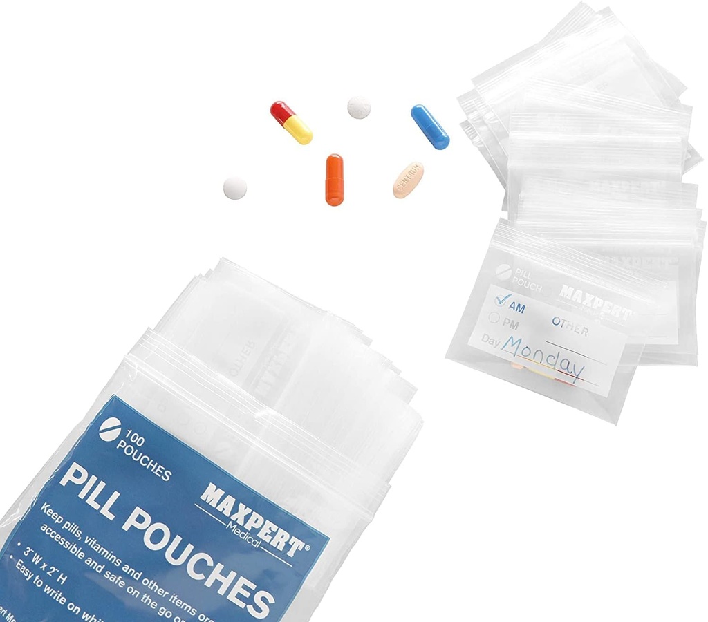 Pill Pouches, Píldoras de plástico (Pack of 200) – Pocket Travel Pill Baggies – Resealable Zipper Pill Organizer Bolsas de bolsa – 3” x 2” – Daily Medicine Storage Pouches – Clear w/Write on Label
