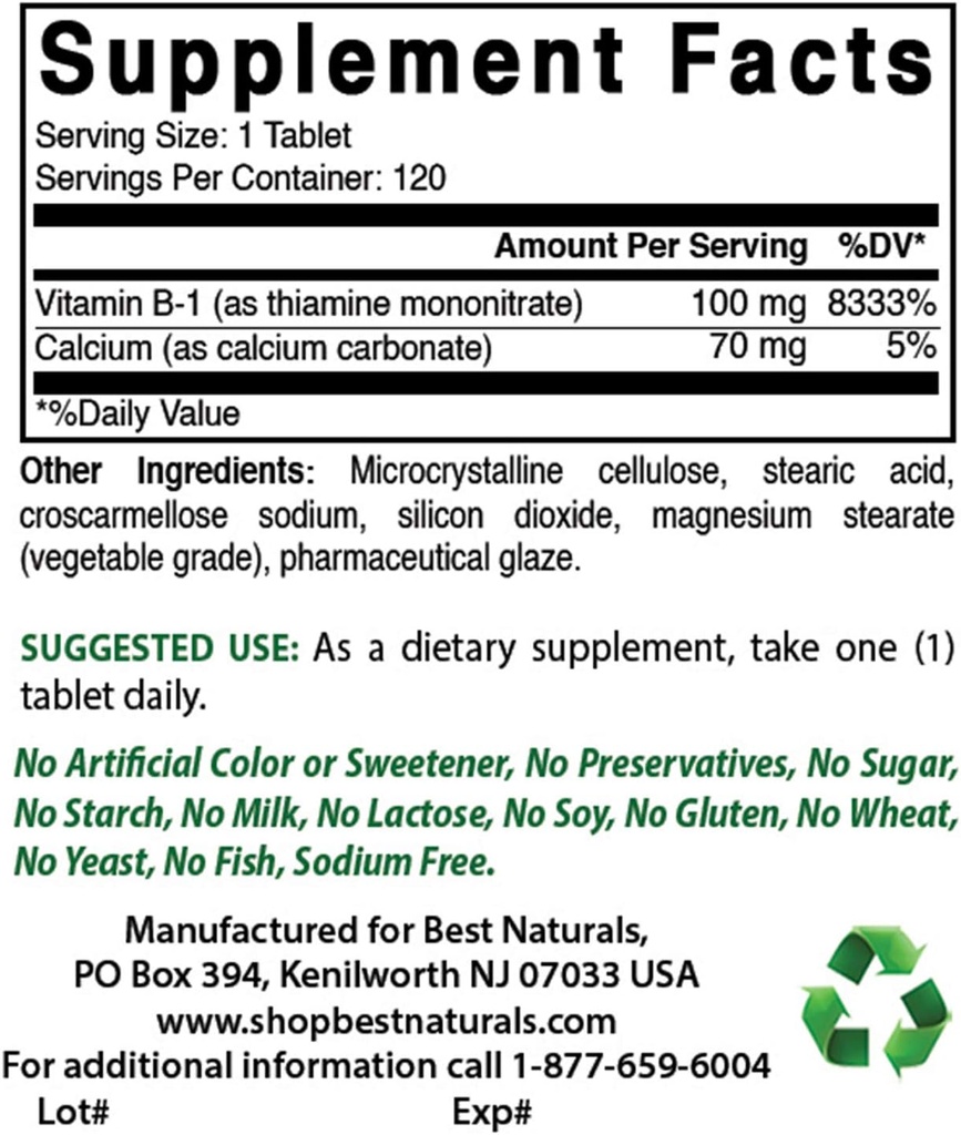 Mejores Naturales Vitamina B1 como Monotrato de Thiamine 100 mg &amp; Vitamina B12 6000 mcg