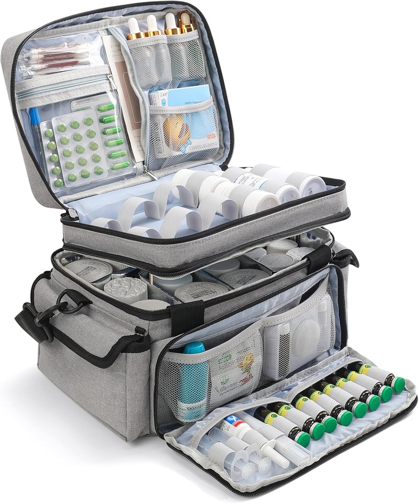 Organizador de Medicina con Dividente Ajustable, Almacenamiento de Organizador de Botellas de Medicina de Doble Capa, Bolsa de primeros auxilios de Home Health, Caja de Organizador de Medicina para Medicamentos de Emergencia (sólo básico)