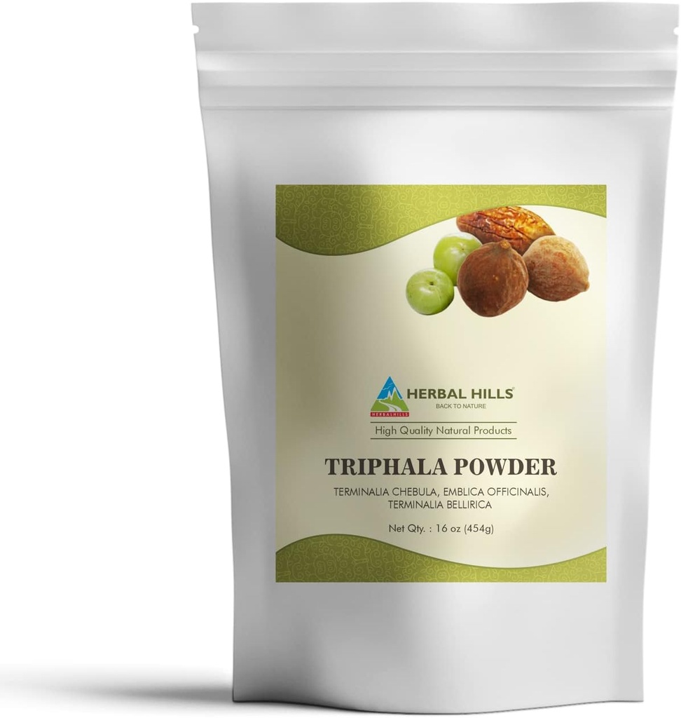 HERBAL HILLS Triphala Powder Silencio 16 Oz (454 GMS) Silencioso Fórmula de Amla Haritaki &amp; Bibhitaki (1 Libra (Pack of 1))
