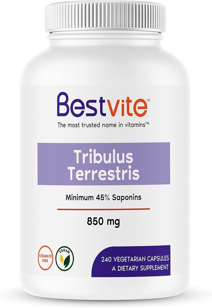 BESTVITE Tribulus Terres 850mg por cápsula (240 cápsulas vegetarianas) - Extracto estandarizado - Min 45% Saponinas - No Stearates - Sin Dióxido de Silicio - No Fillers - Vegan - No GMO - Gluten Free