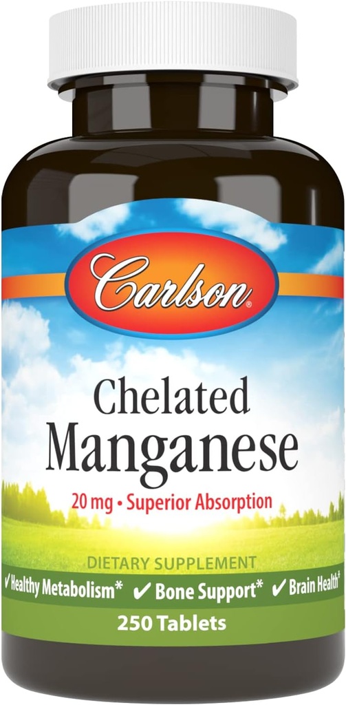 Carlson - Manganés Chelated, 20 mg - Absorción Superior, Metabolismo Saludable, Soporte de Huesos &amp; Salud Cerebro, 250 Tabletas