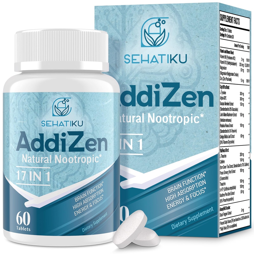 17-in-1 Brain Supplement for Memory and Focus | Natural Nootropics Brain Supplement for Brain Cognition, Energy | High Absorption | L-Theanine, Phytonutrient Blend and Vitamins B6, B12 | 60 Tablets
