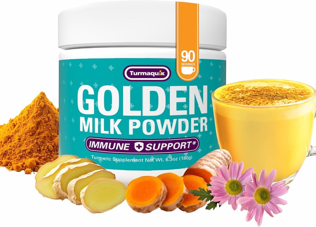 Turmaquik Orgánica de la leche de oro pólvora, Immune Support + Superfood Blend of Ginger, Black Pepper, Curcumin, Canela, Cardamomo + Vitaminas C, D, B6, B12, Zinc - Immunity Boost